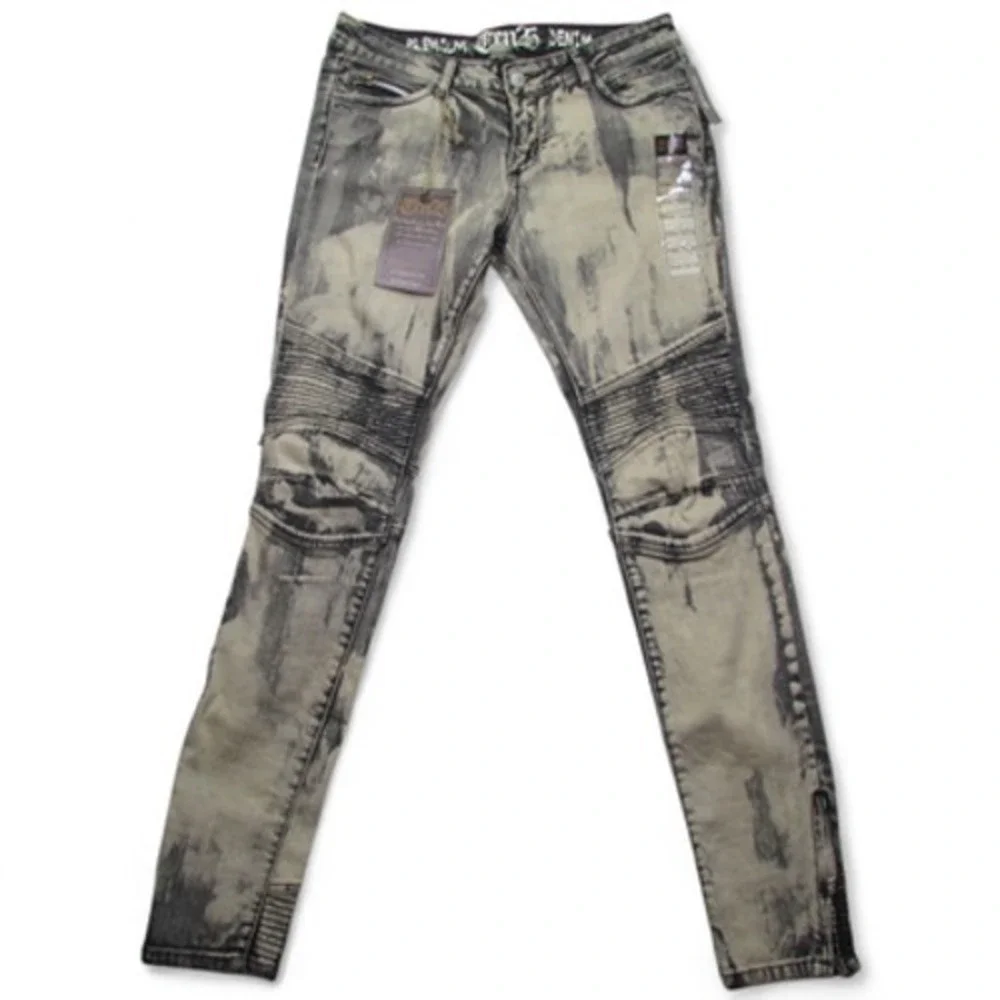 Ten25 Jeans Mens 13/14 Black Gray‎ Distressed Stretch Denim Biker Moto Pants Zip